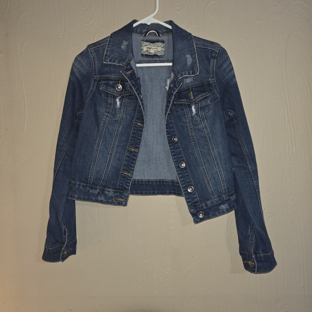 YMI Stretch Denim Jacket Dark Blue Wash Cropped Distressed 1990's Y2K Size M